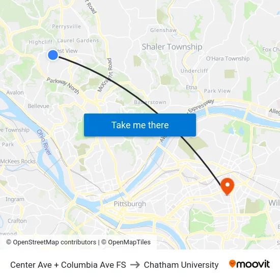 Center Ave + Columbia Ave FS to Chatham University map