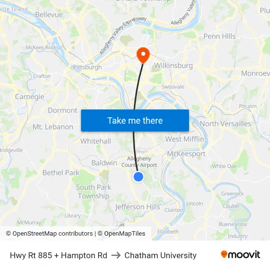 Hwy Rt 885 + Hampton Rd to Chatham University map