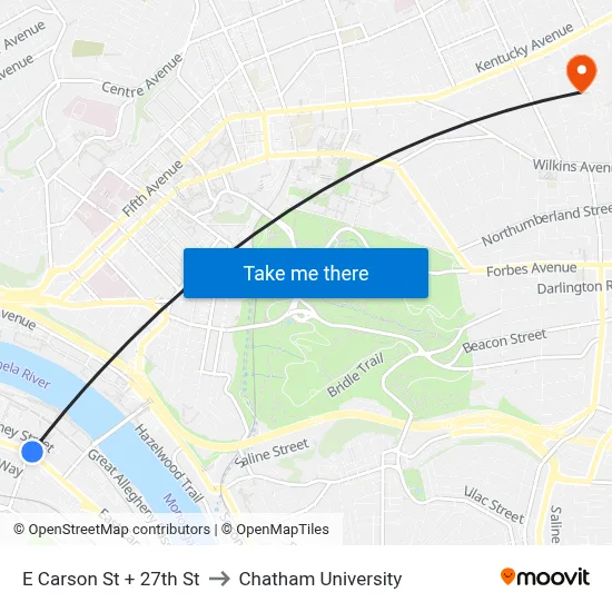 E Carson St + 27th St to Chatham University map