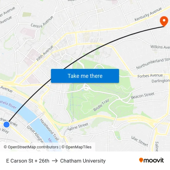 E Carson St + 26th to Chatham University map