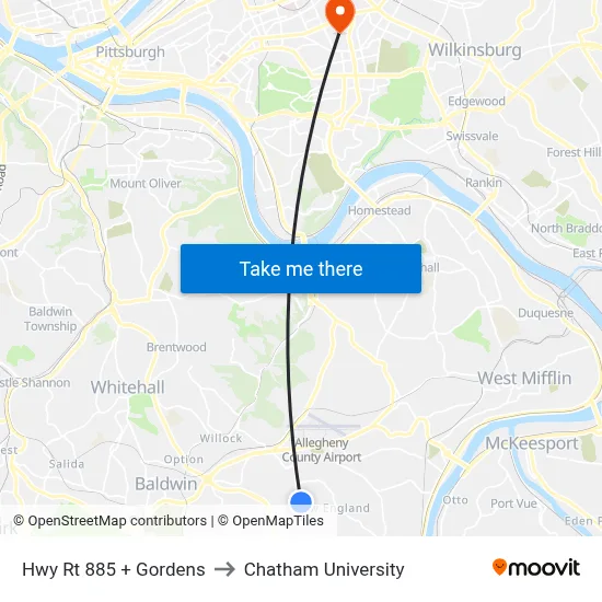 Hwy Rt 885 + Gordens to Chatham University map