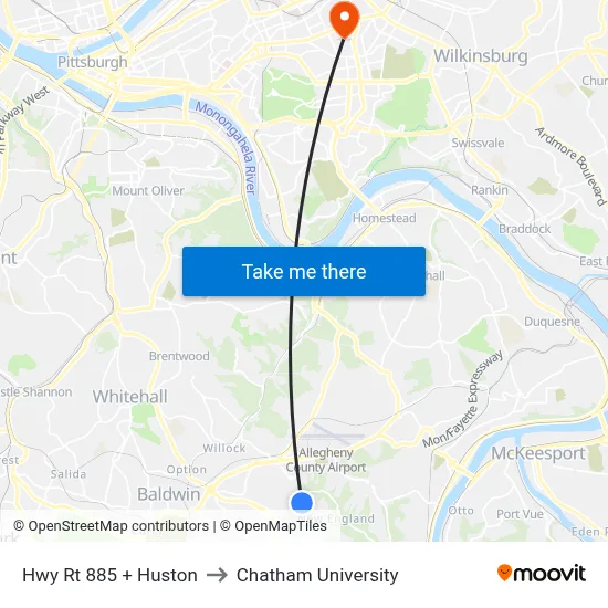 Hwy Rt 885 + Huston to Chatham University map