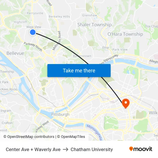 Center Ave + Waverly Ave to Chatham University map