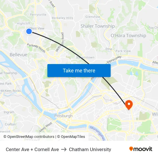 Center Ave + Cornell Ave to Chatham University map