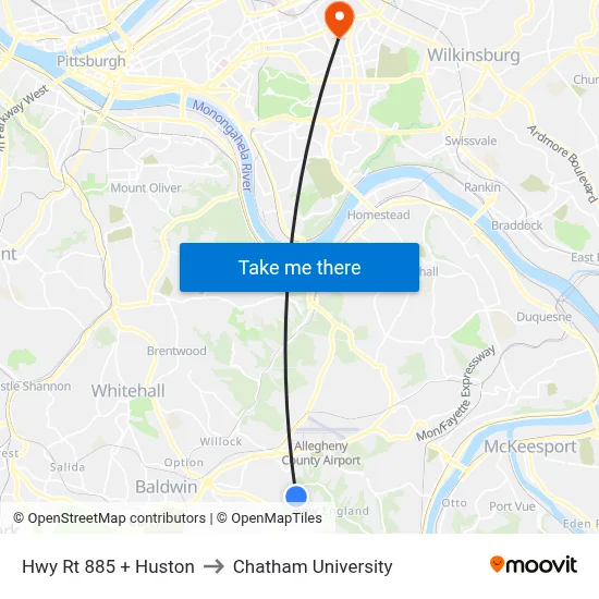 Hwy Rt 885 + Huston to Chatham University map