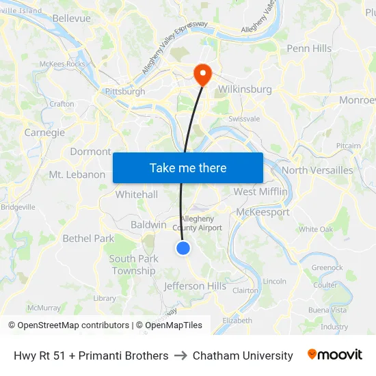 Hwy Rt 51 + Primanti Brothers to Chatham University map