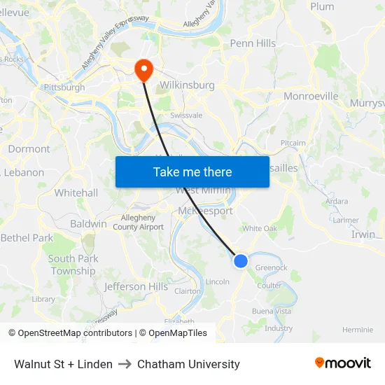 Walnut St + Linden to Chatham University map