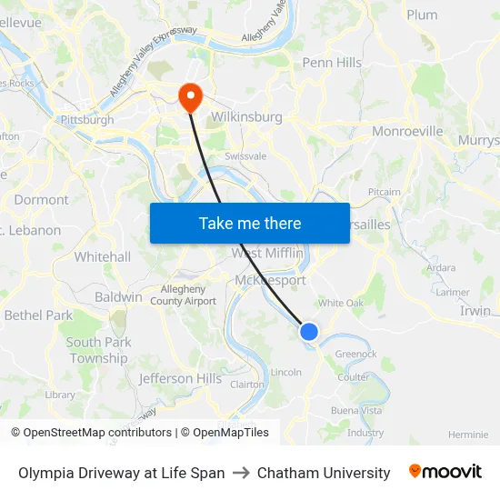 Olympia Driveway at Life Span to Chatham University map
