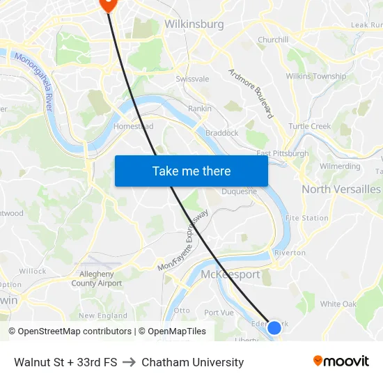 Walnut St + 33rd FS to Chatham University map