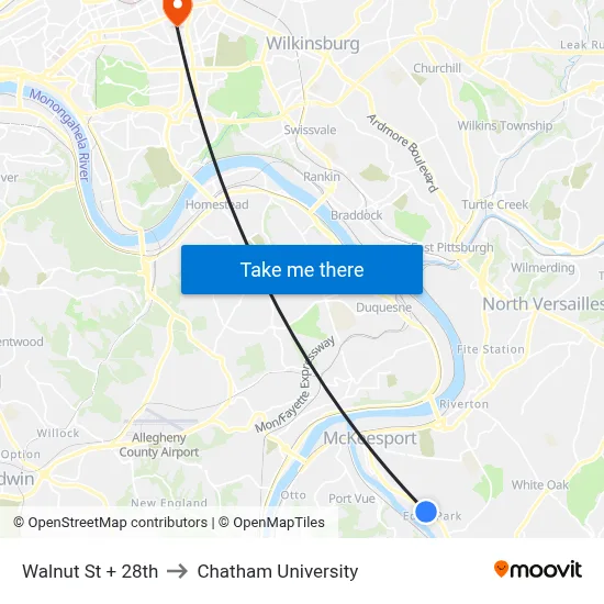 Walnut St + 28th to Chatham University map