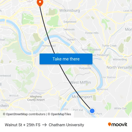 Walnut St + 25th FS to Chatham University map