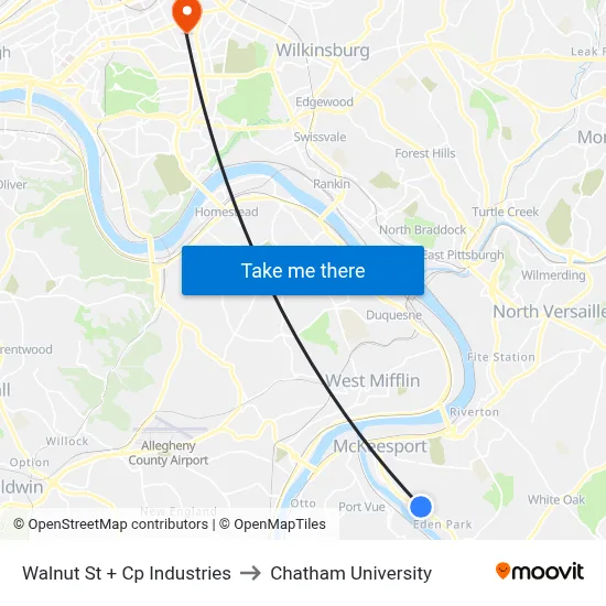 Walnut St + Cp Industries to Chatham University map