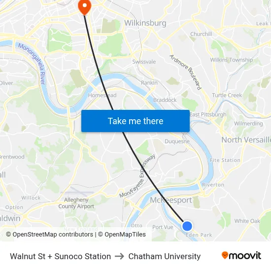 Walnut St + Sunoco Station to Chatham University map