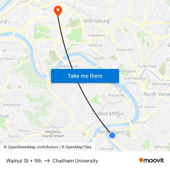Walnut St + 9th to Chatham University map
