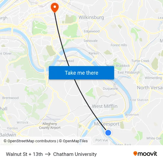 Walnut St + 13th to Chatham University map