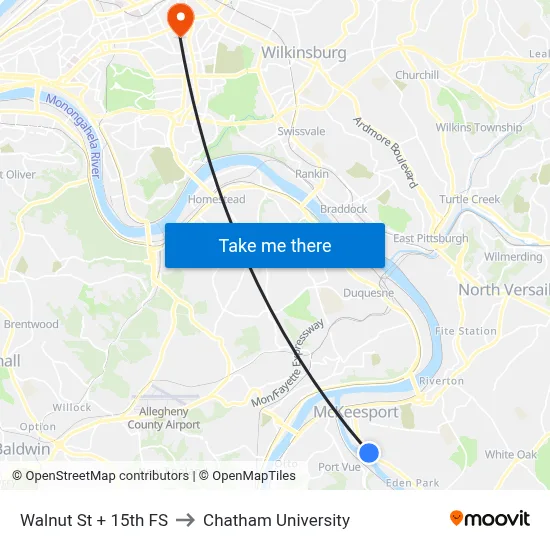 Walnut St + 15th FS to Chatham University map