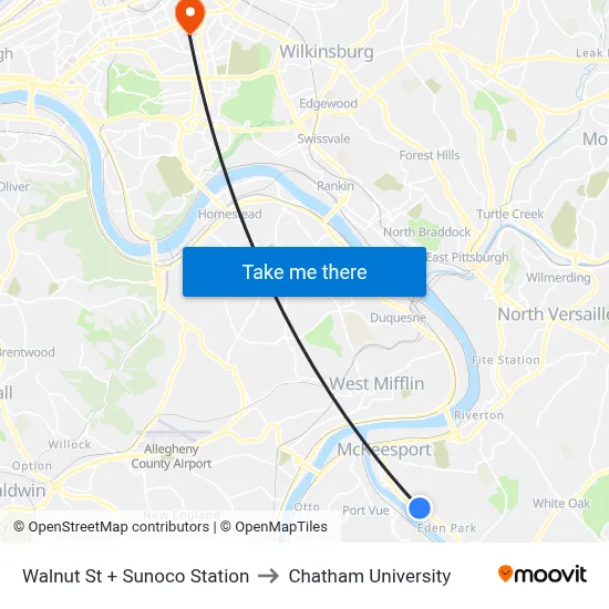 Walnut St + Sunoco Station to Chatham University map