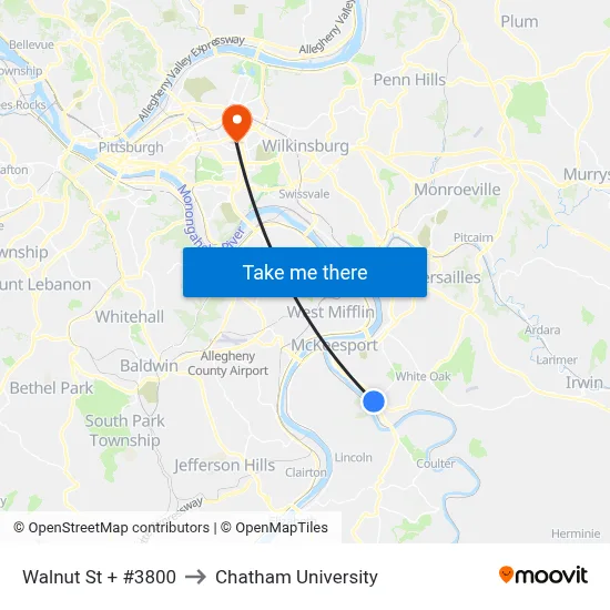 Walnut St + #3800 to Chatham University map