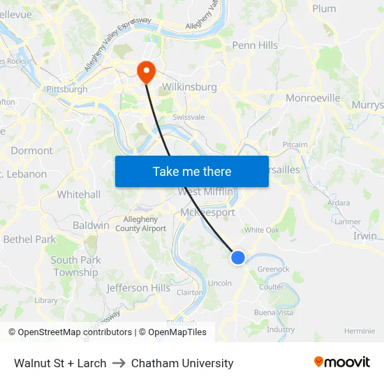 Walnut St + Larch to Chatham University map