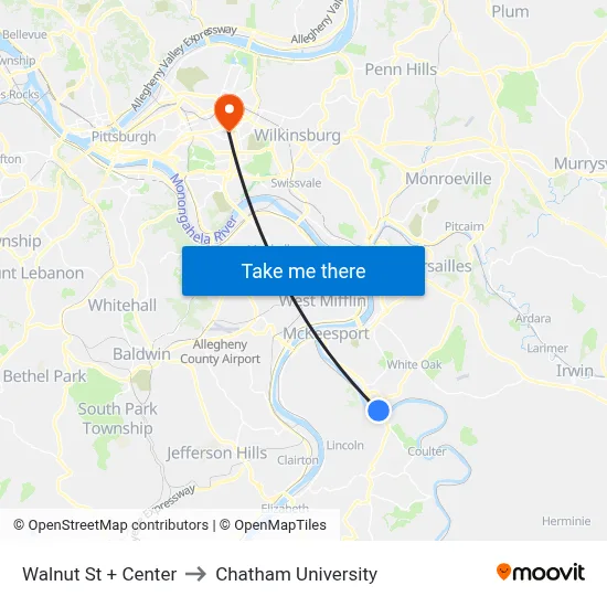 Walnut St + Center to Chatham University map