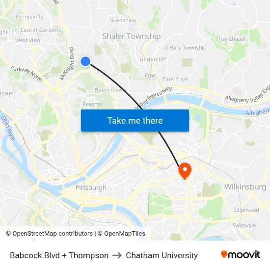 Babcock Blvd + Thompson to Chatham University map