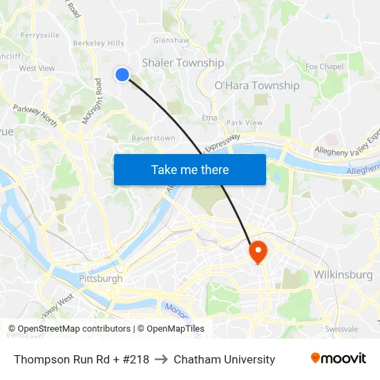 Thompson Run Rd + #218 to Chatham University map