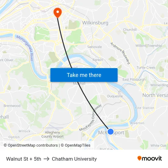 Walnut St + 5th to Chatham University map