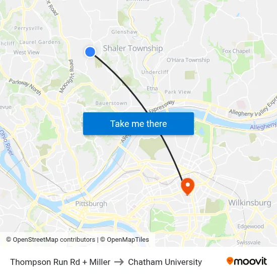 Thompson Run Rd + Miller to Chatham University map