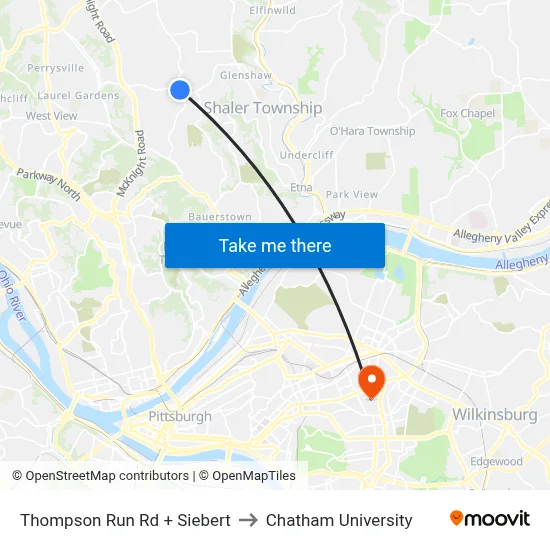 Thompson Run Rd + Siebert to Chatham University map