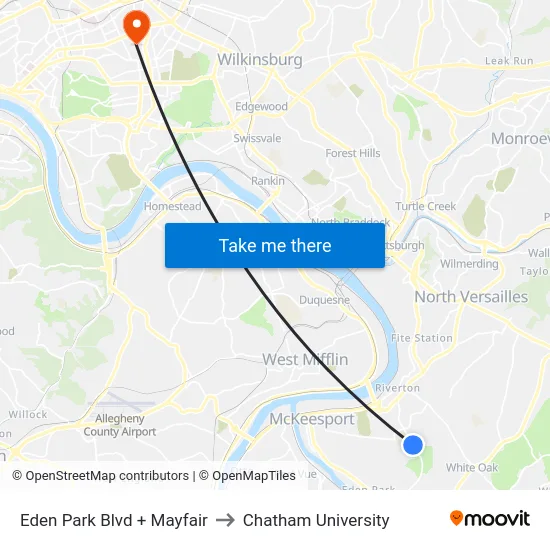 Eden Park Blvd + Mayfair to Chatham University map