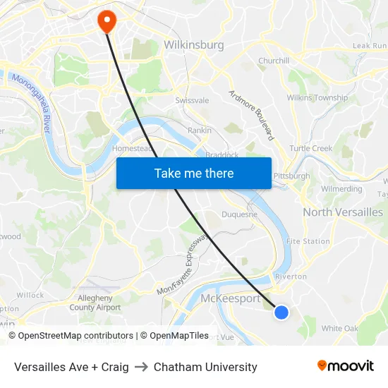 Versailles Ave + Craig to Chatham University map