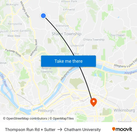 Thompson Run Rd + Sutter to Chatham University map