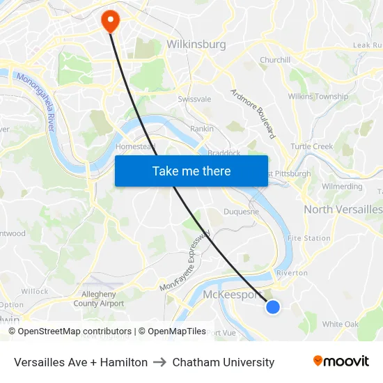 Versailles Ave + Hamilton to Chatham University map