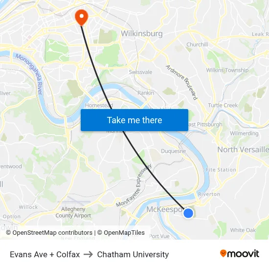 Evans Ave + Colfax to Chatham University map