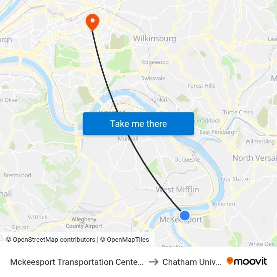 Mckeesport Transportation Center + Bay #4 to Chatham University map