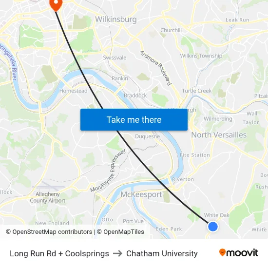 Long Run Rd + Coolsprings to Chatham University map