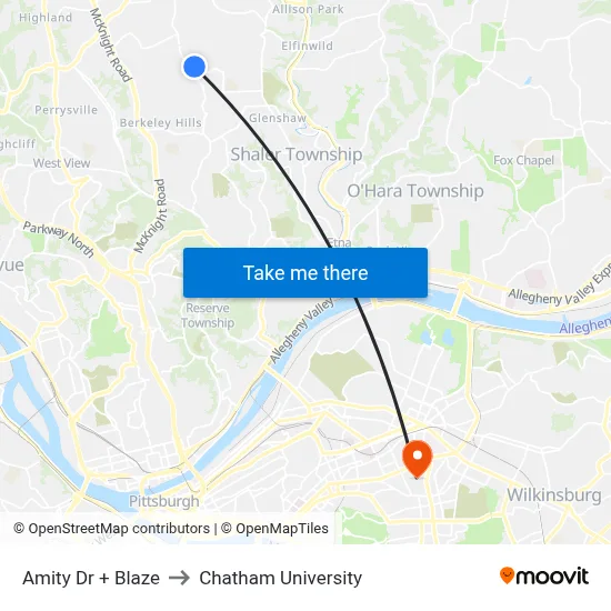 Amity Dr + Blaze to Chatham University map