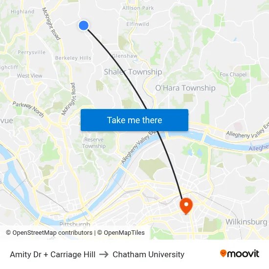 Amity Dr + Carriage Hill to Chatham University map