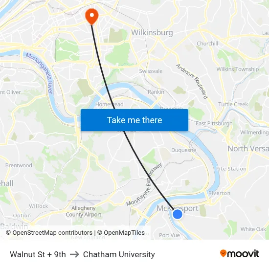 Walnut St + 9th to Chatham University map