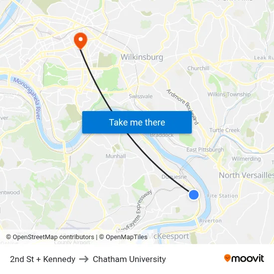2nd St + Kennedy to Chatham University map