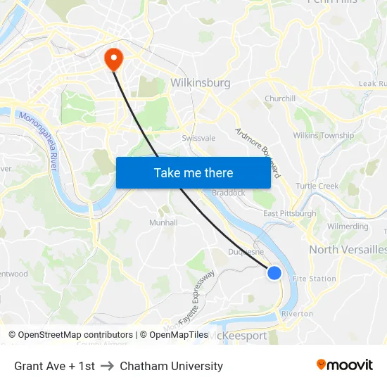 Grant Ave + 1st to Chatham University map