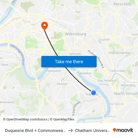 Duquesne Blvd + Commonwealth to Chatham University map