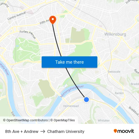 8th Ave + Andrew to Chatham University map