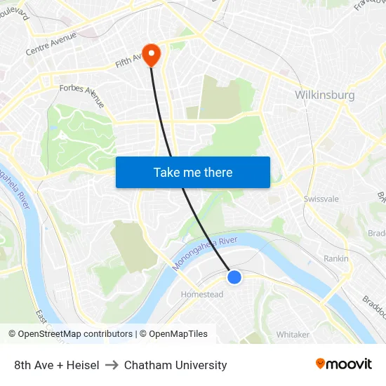 8th Ave + Heisel to Chatham University map