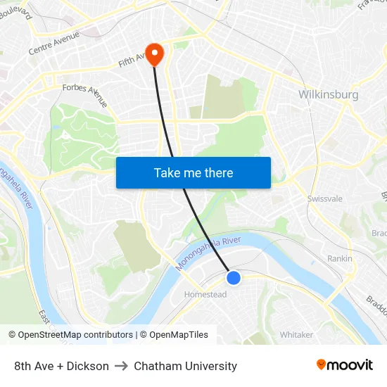 8th Ave + Dickson to Chatham University map
