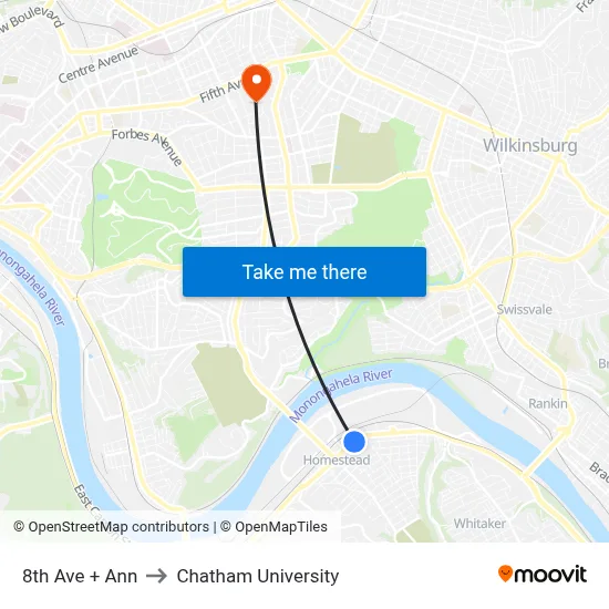 8th Ave + Ann to Chatham University map