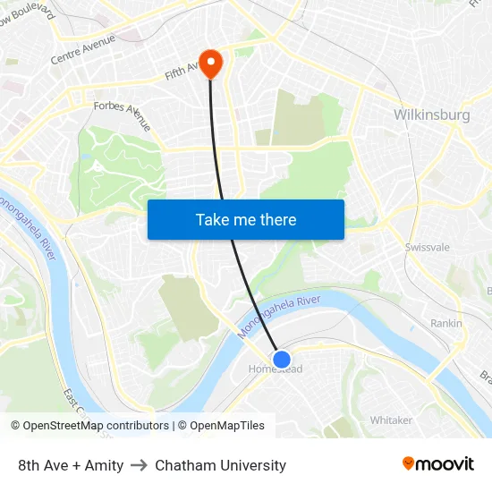 8th Ave + Amity to Chatham University map