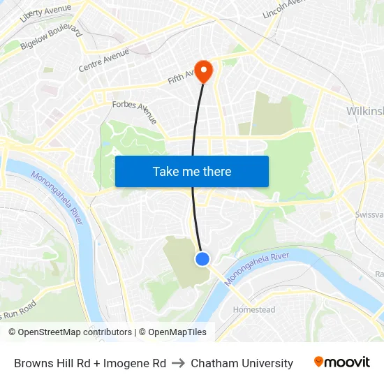 Browns Hill Rd + Imogene Rd to Chatham University map