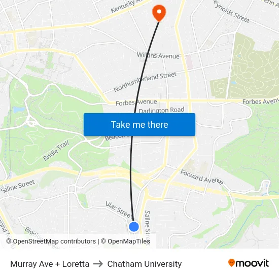 Murray Ave + Loretta to Chatham University map