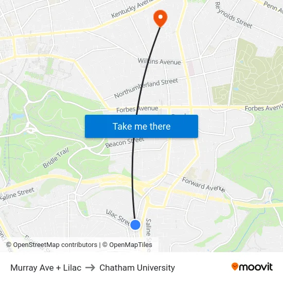 Murray Ave + Lilac to Chatham University map